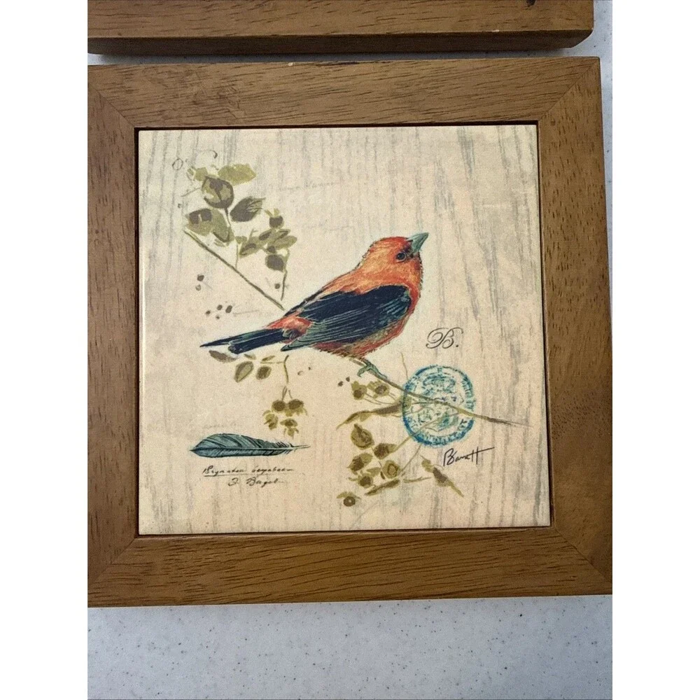 VTG Gilded Songbird 4 Chad Barrett  Art Tile Framed In Wood 8x8x .5”D Wall Decor